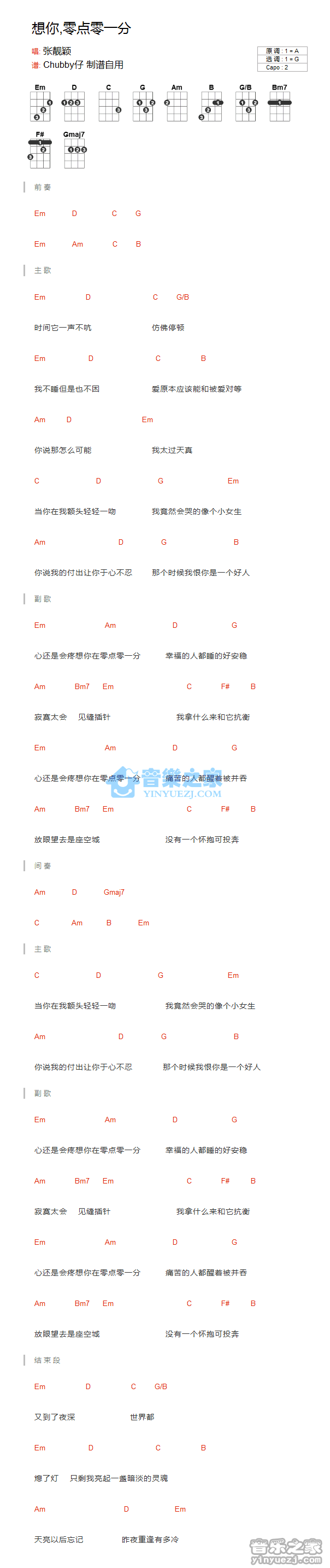 张靓颖《想你零点零一分》尤克里里弹唱谱