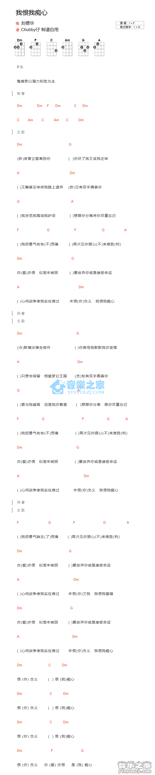 刘德华《我恨我痴心》尤克里里弹唱谱