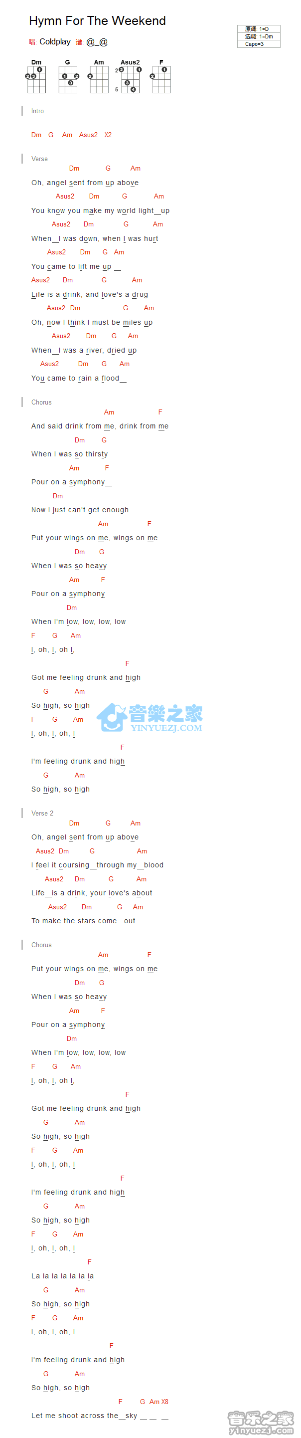 Coldplay《Hymn For The Weekend》尤克里里弹唱谱