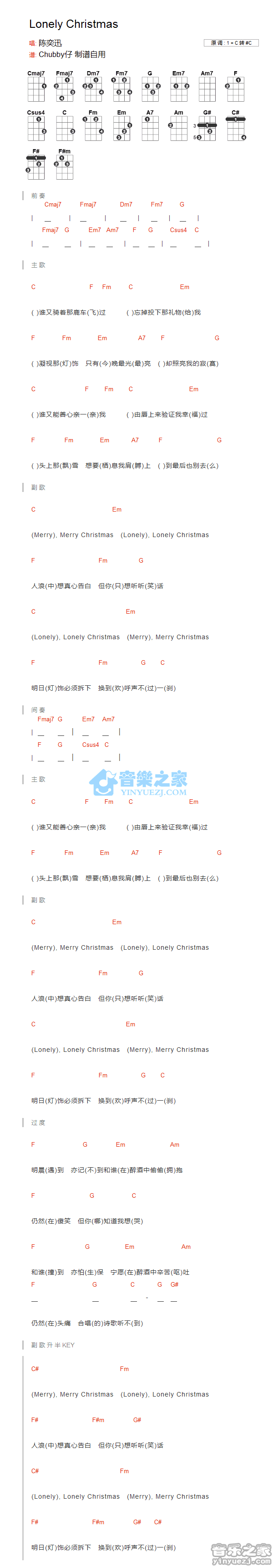 陈奕迅《Lonely Christmas》尤克里里弹唱谱