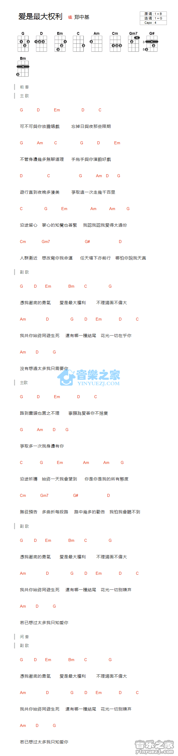 郑中基《爱是最大权利》尤克里里弹唱谱