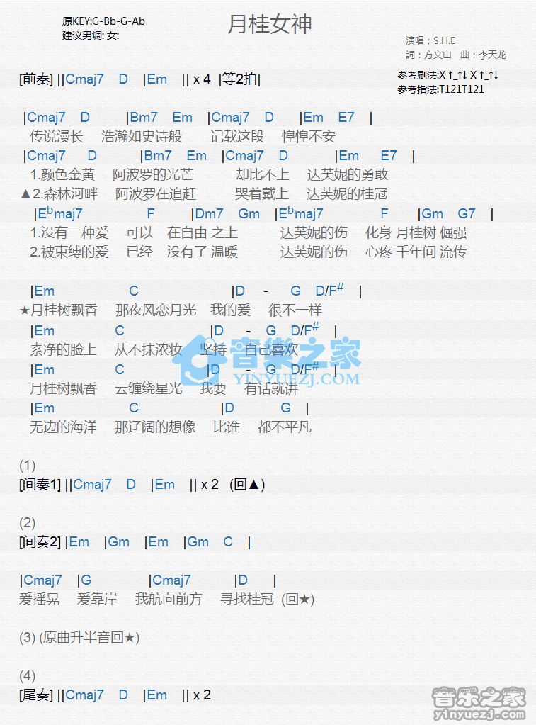 S.H.E《月桂女神》尤克里里弹唱谱
