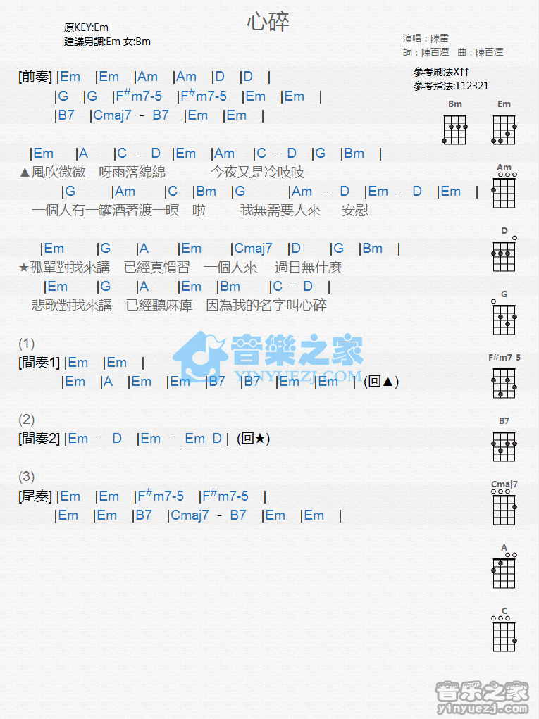 陈雷《心碎》尤克里里弹唱谱