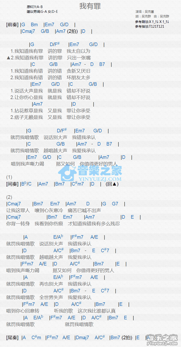 吴克羣《我有罪》尤克里里弹唱谱