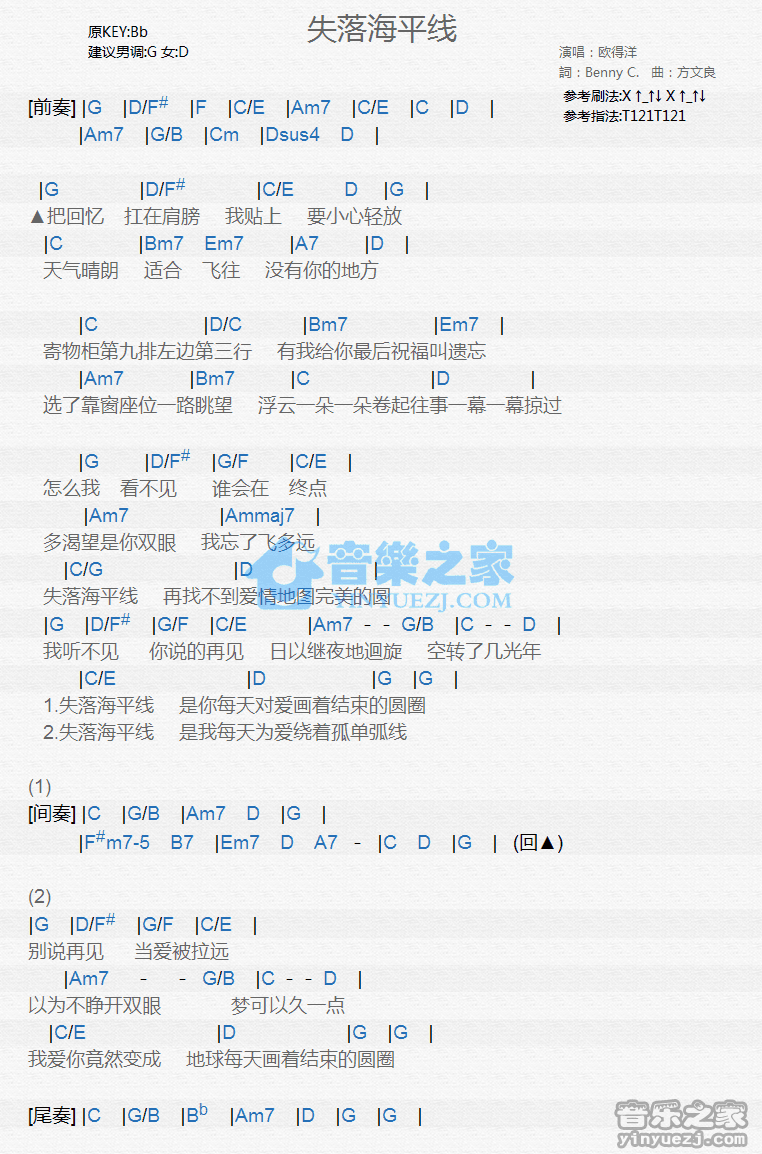 欧得洋《失落海平线》尤克里里弹唱谱
