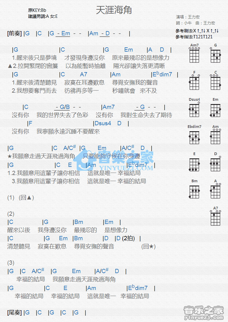 王力宏《天涯海角》尤克里里弹唱谱