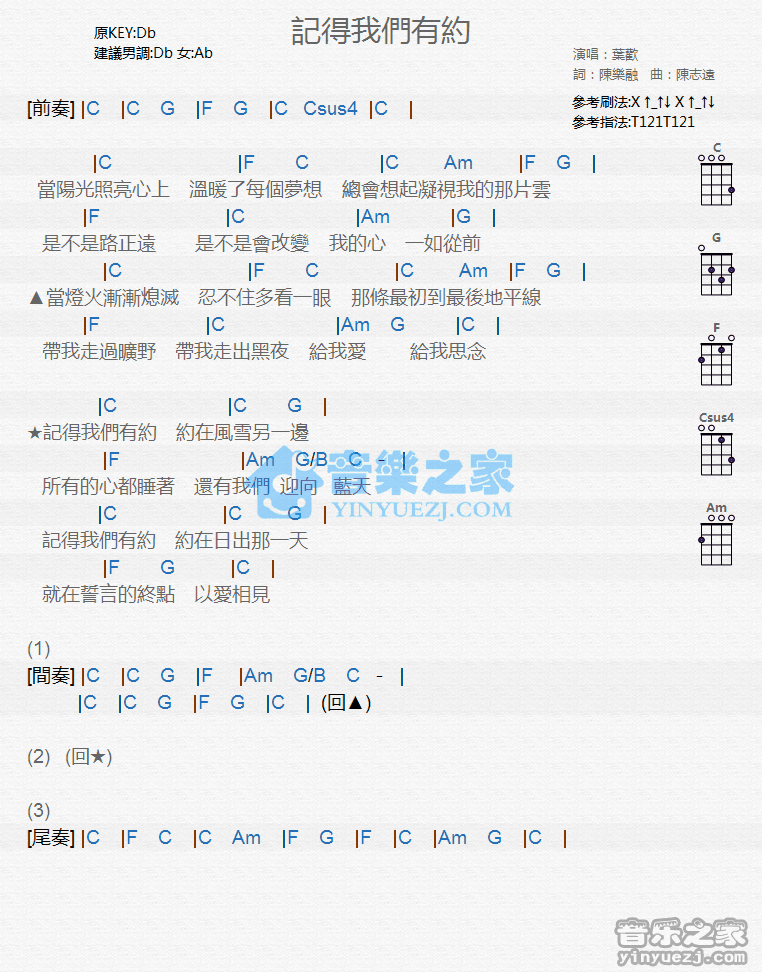 叶欢《记得我们有约》尤克里里弹唱谱