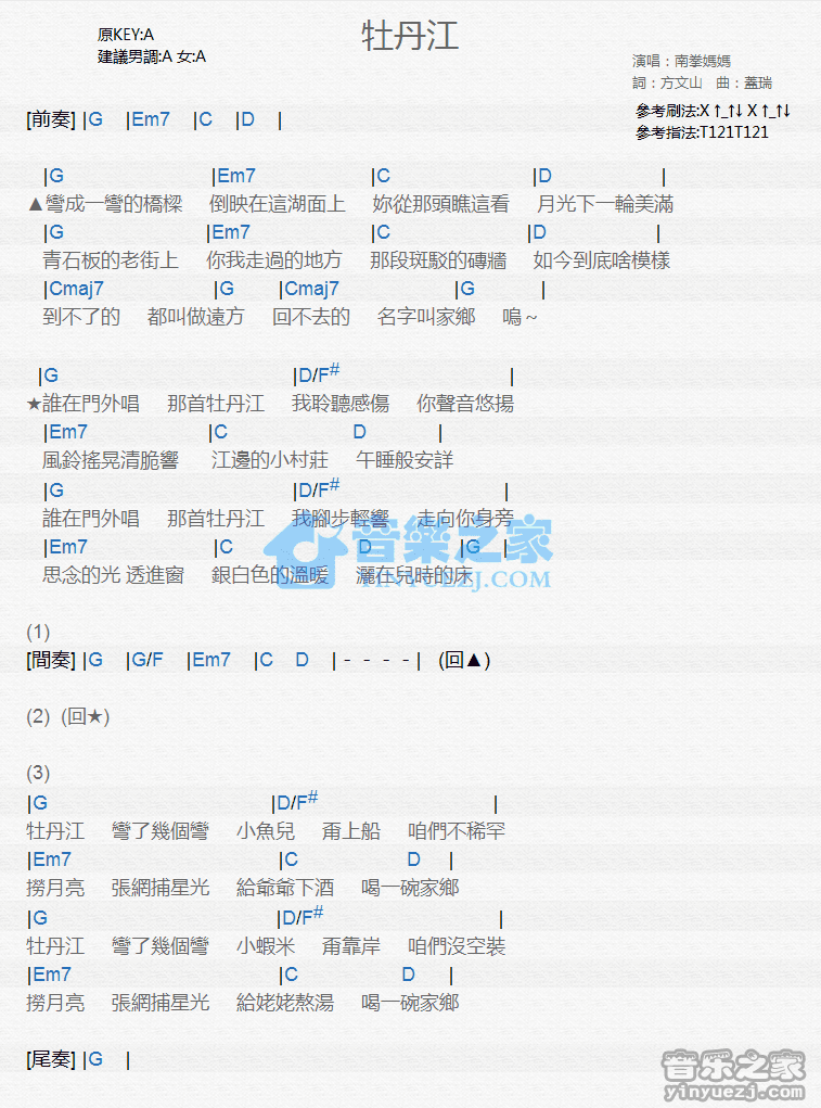南拳妈妈《牡丹江》尤克里里弹唱谱