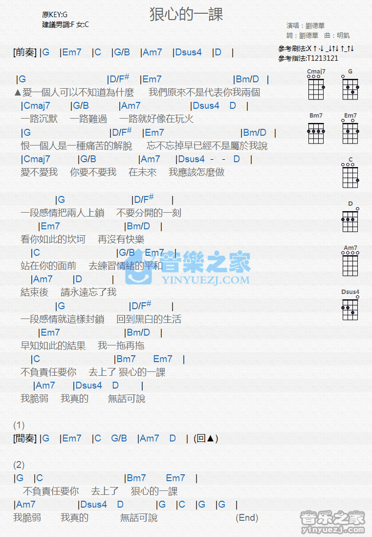 刘德华《狠心的一课》尤克里里弹唱谱