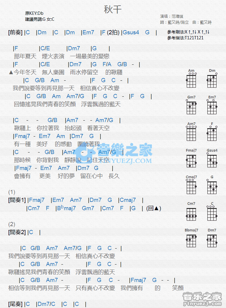 范玮琪《秋千》尤克里里弹唱谱
