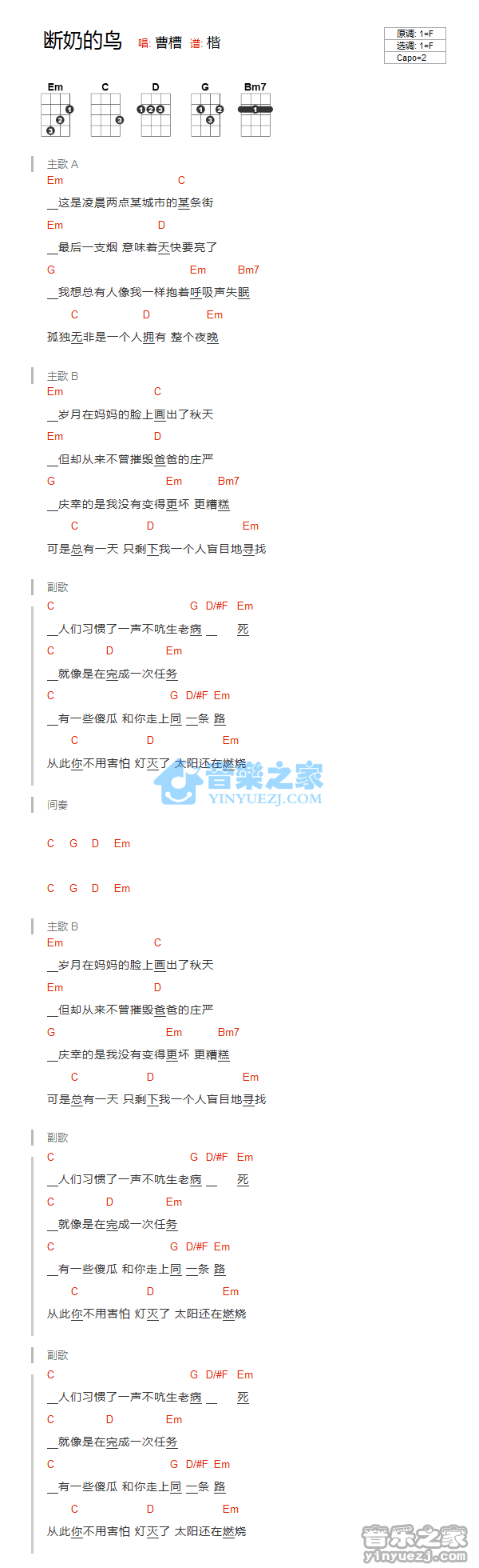 曹槽《断奶的鸟》尤克里里弹唱谱