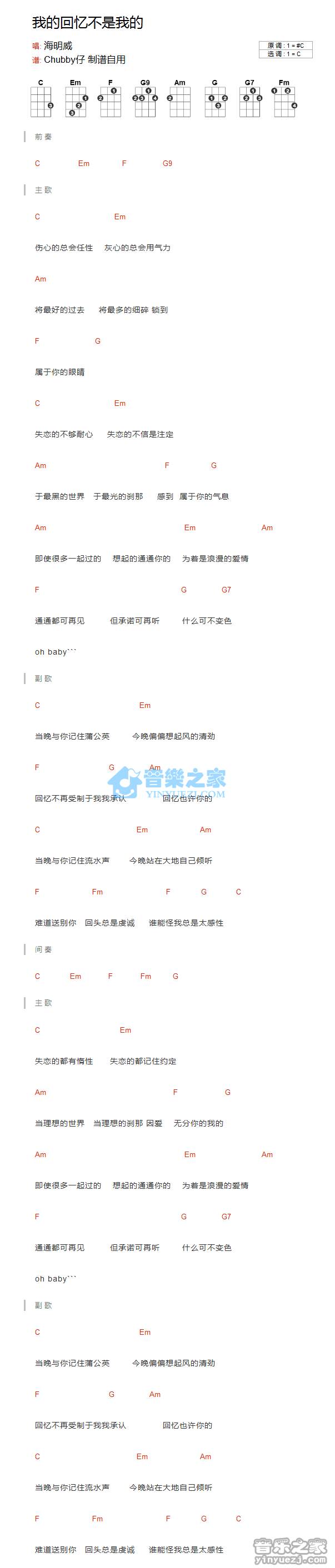 海明威《我的回忆不是我的》尤克里里弹唱谱