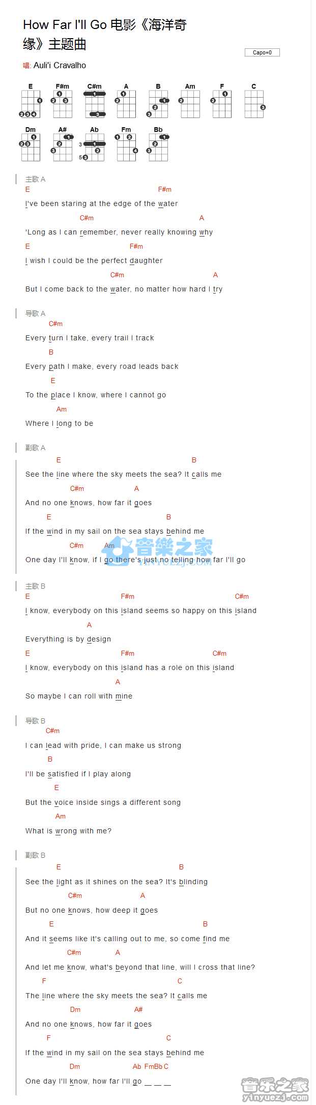 海洋奇缘《How Far I\ll Go》尤克里里弹唱谱