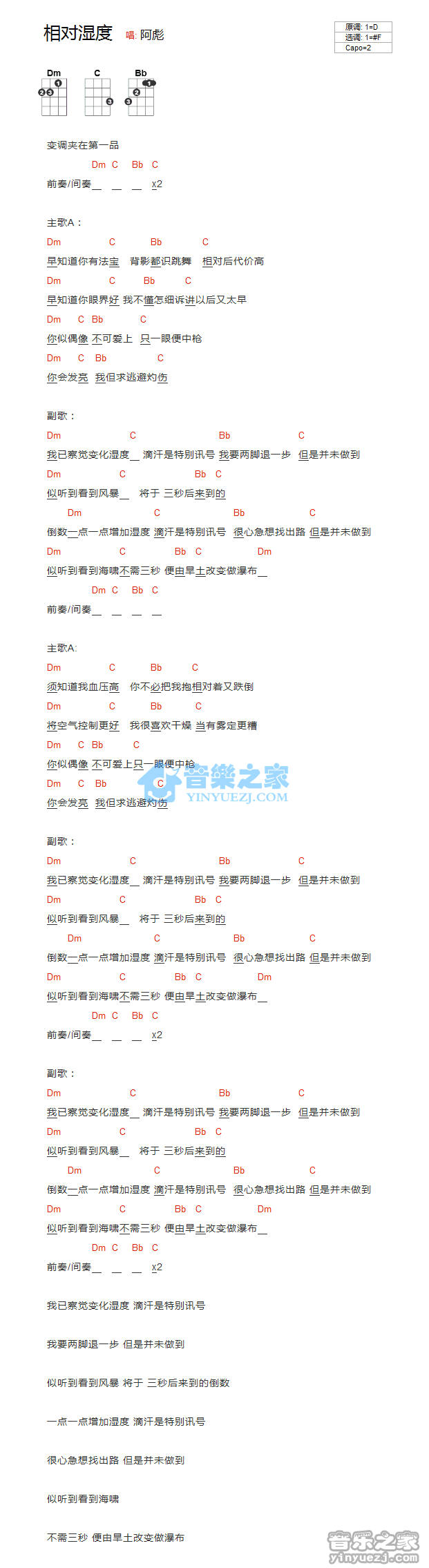 郑希怡《相对湿度》尤克里里弹唱谱