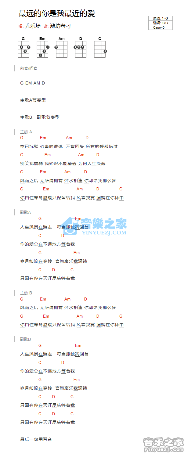 尤乐场《最远的你是我最近的爱》尤克里里弹唱谱