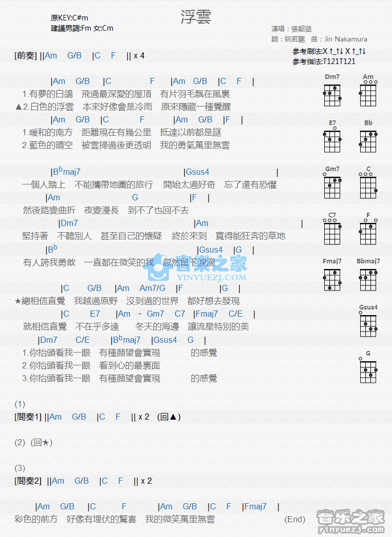 张韶涵《浮云》尤克里里弹唱谱