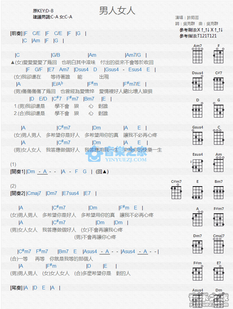 许茹芸《男人女人》尤克里里弹唱谱