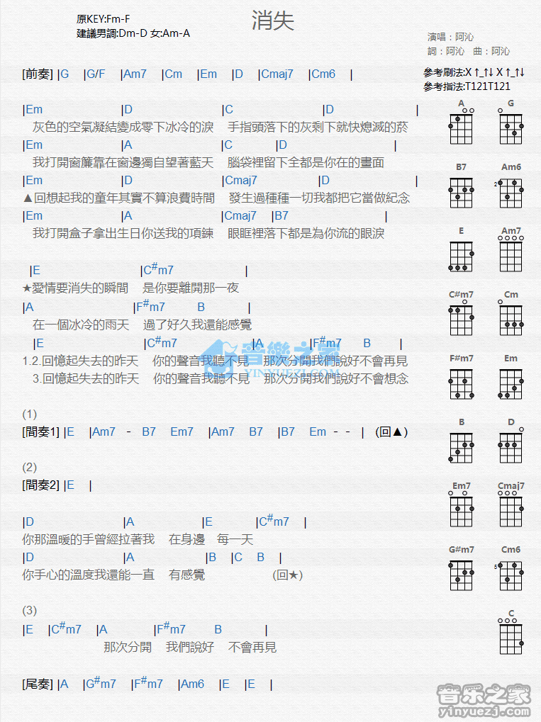 阿沁《消失》尤克里里弹唱谱