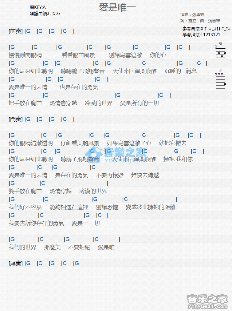 张惠妹《爱是唯一》尤克里里弹唱谱
