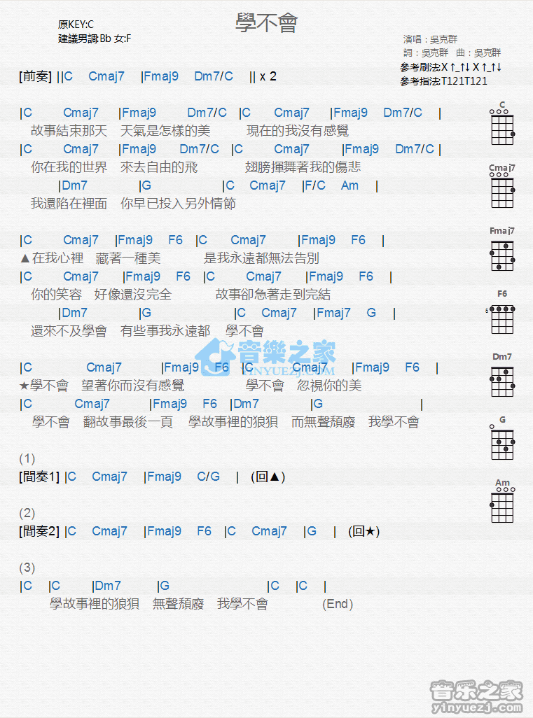吴克羣《学不会》尤克里里弹唱谱