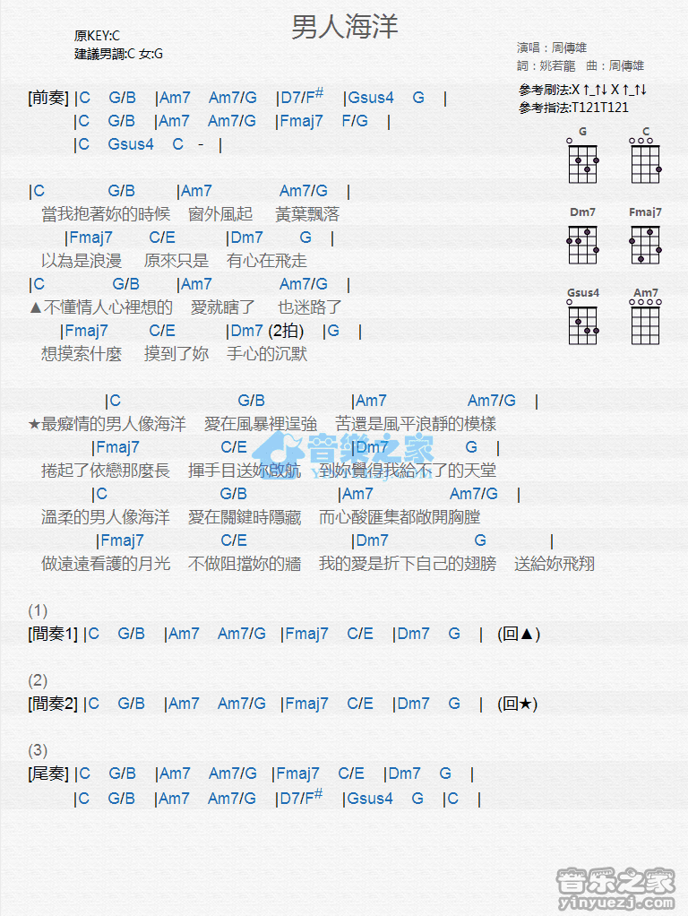 周传雄《男人海洋》尤克里里弹唱谱
