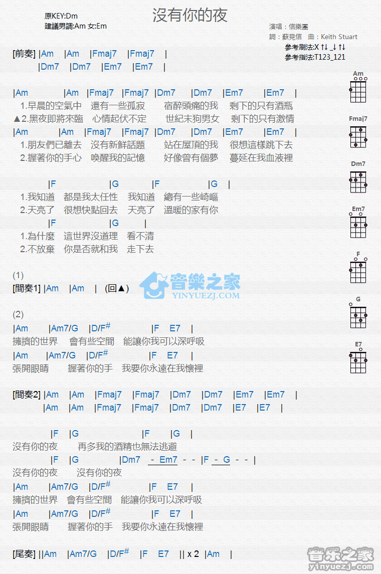 信乐团《没有你的夜》尤克里里谱
