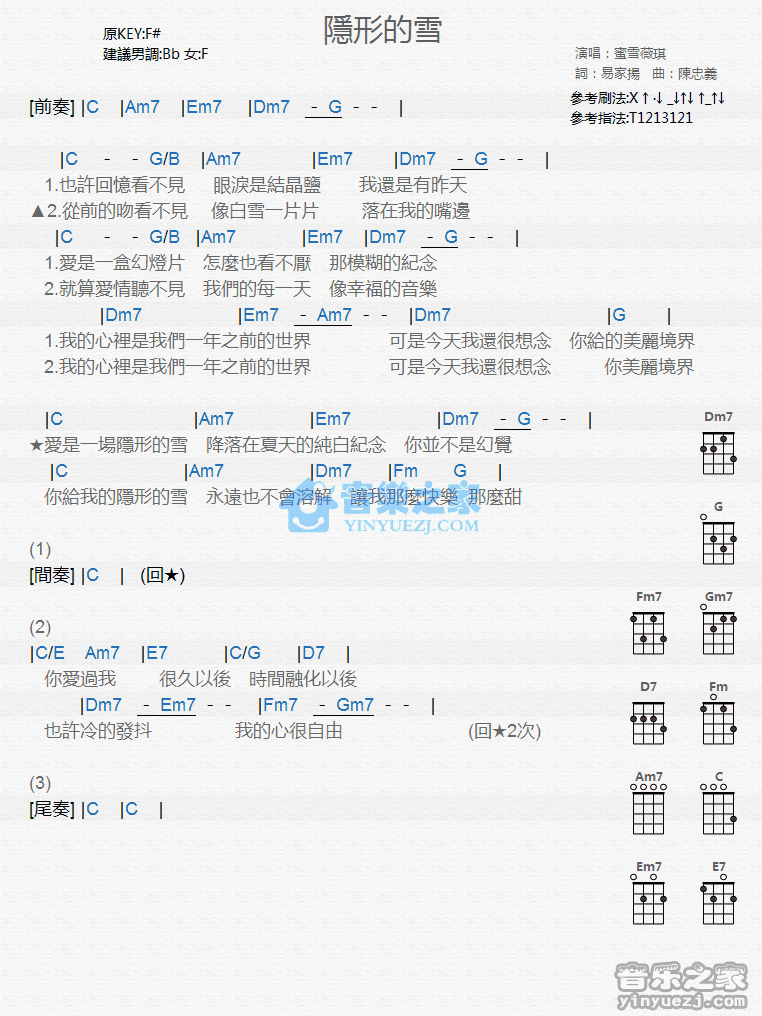 蜜雪薇琪《隐形的雪》尤克里里弹唱谱