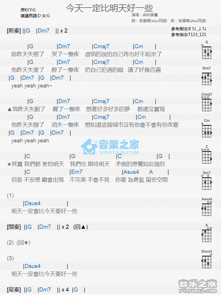 森林乐团《明天一定会比今天更好一些》尤克里里弹唱谱
