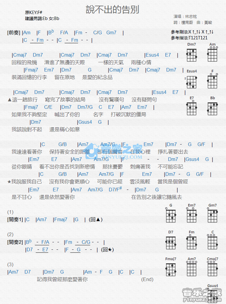 林志炫《说不出的告别》尤克里里弹唱谱