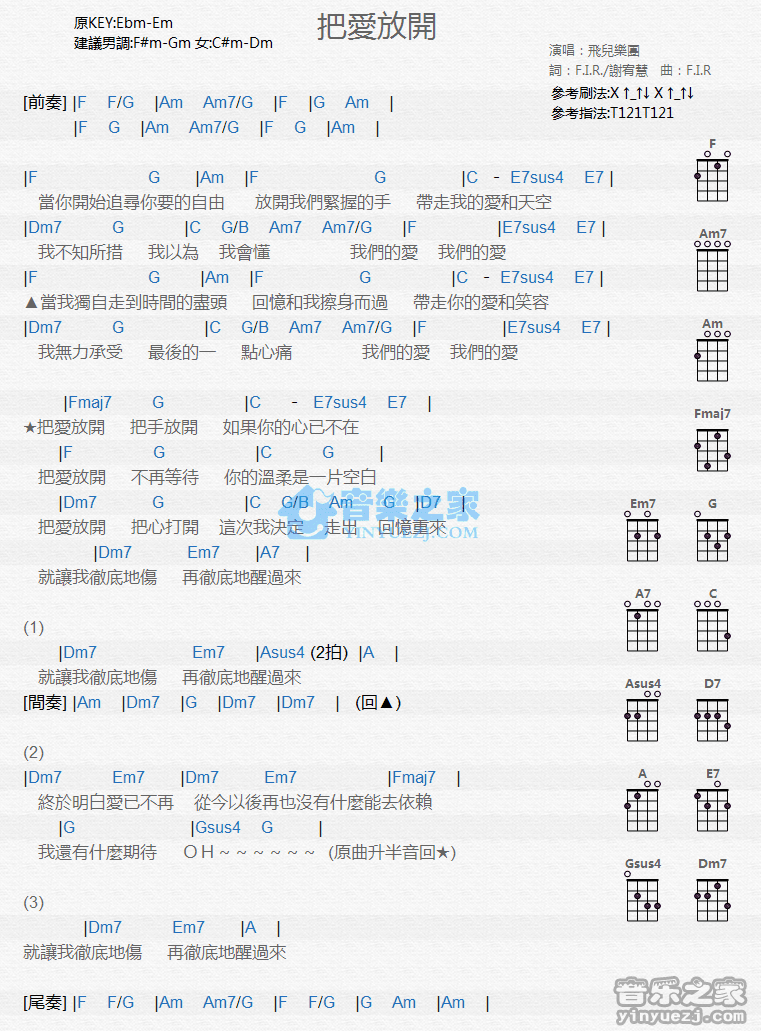 飞儿乐团《把爱放开》尤克里里弹唱谱