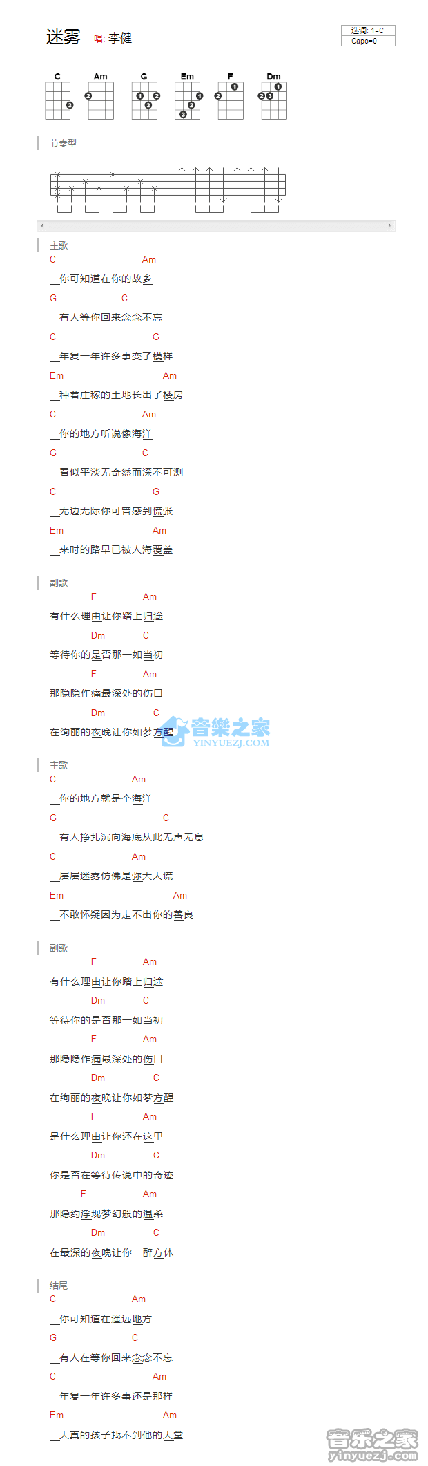 李健《迷雾》尤克里里弹唱谱