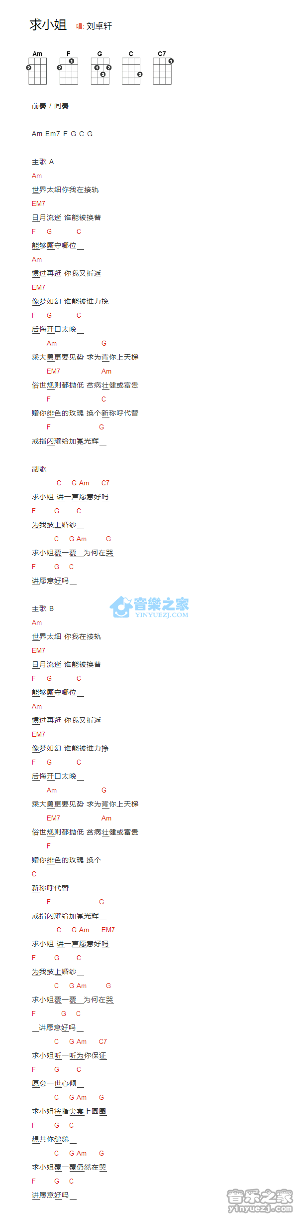 刘卓妍《求小姐》尤克里里弹唱谱