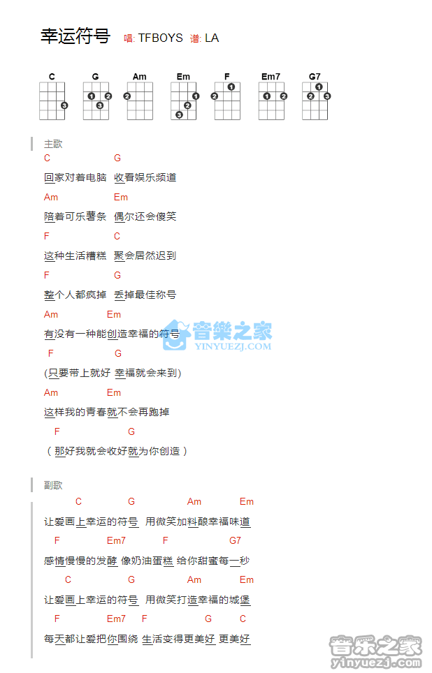TFBOYS《幸运符号》尤克里里弹唱谱