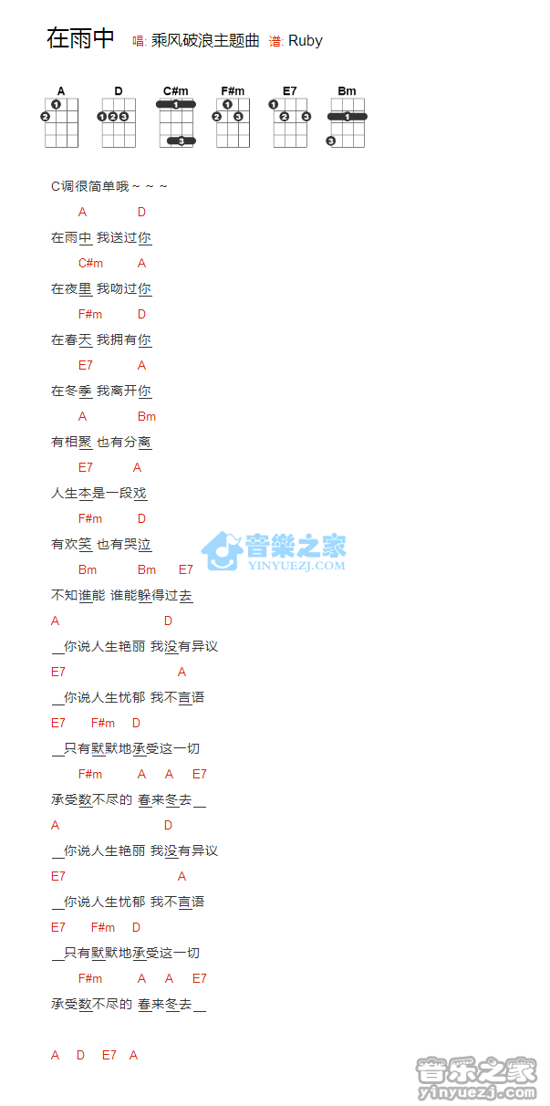 刘家昌《在雨中》尤克里里弹唱谱