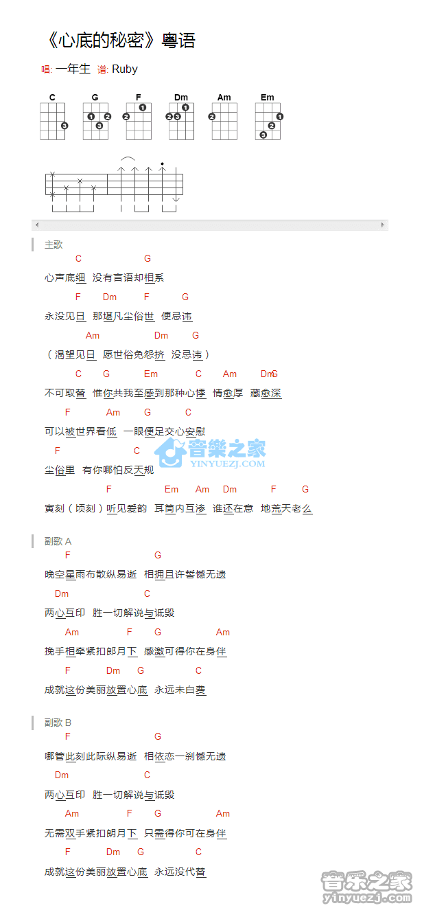一年生插曲《心底的秘密》尤克里里弹唱谱