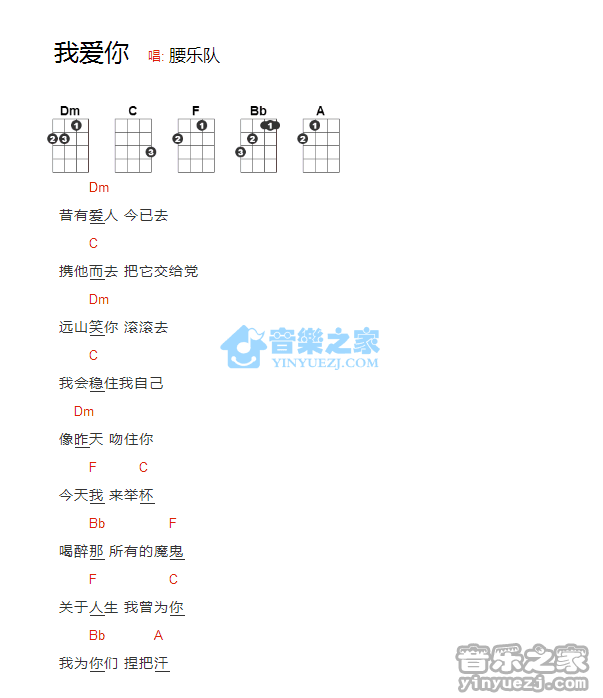 腰乐队《我爱你》尤克里里弹唱谱