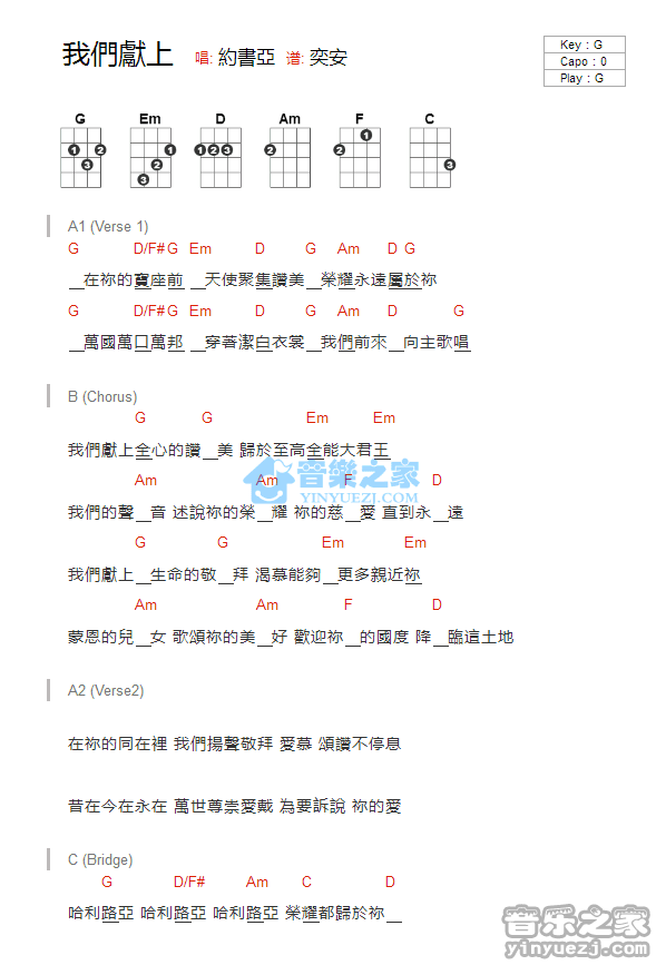 约书亚《我们献上》尤克里里弹唱谱