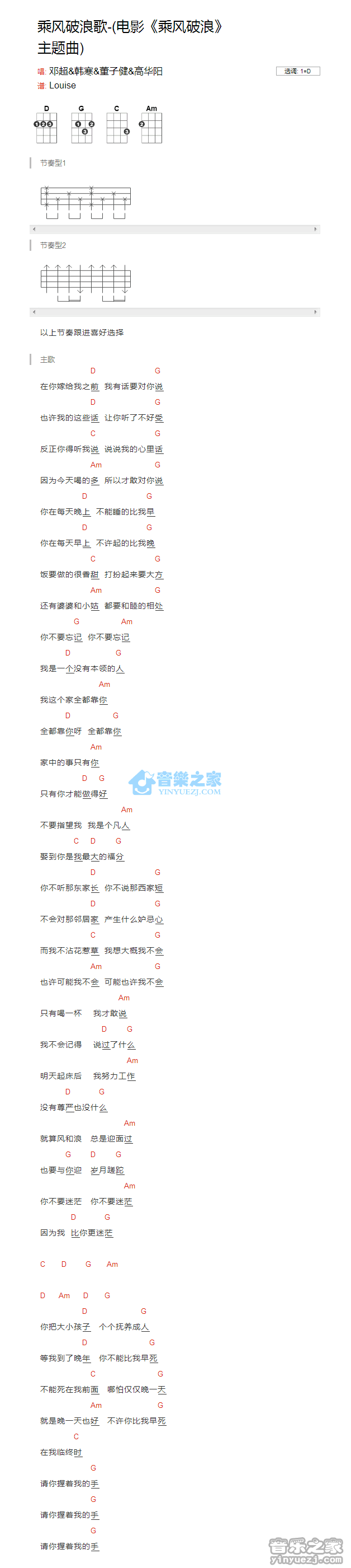 《乘风破浪歌》尤克里里弹唱谱