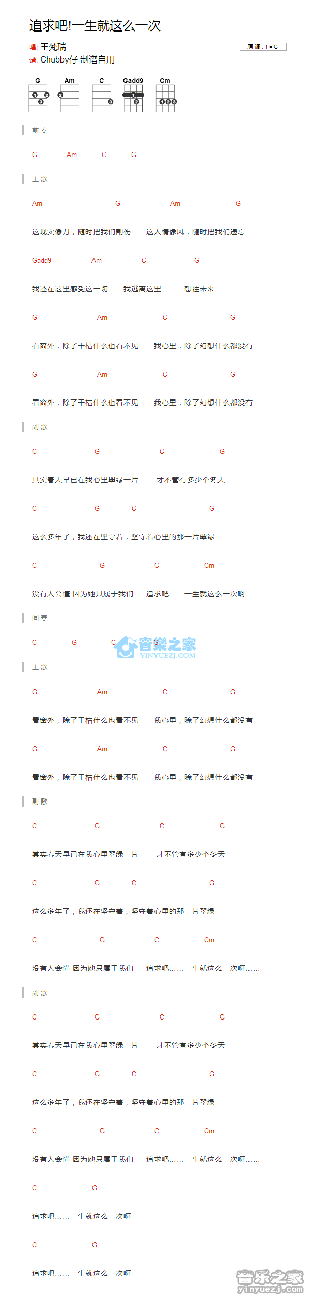 王梵瑞《追求吧一生就这么一次》尤克里里弹唱谱