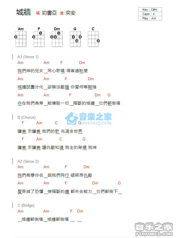 约书亚《城墙》尤克里里弹唱谱