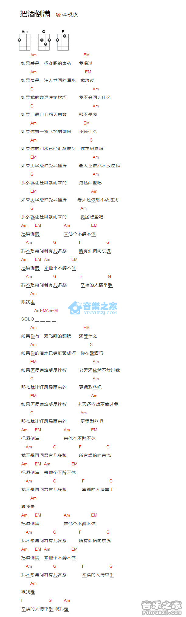 李晓杰《把酒倒满》尤克里里弹唱谱