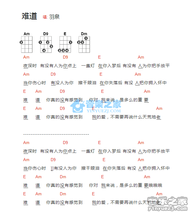 羽泉《难道》尤克里里弹唱谱