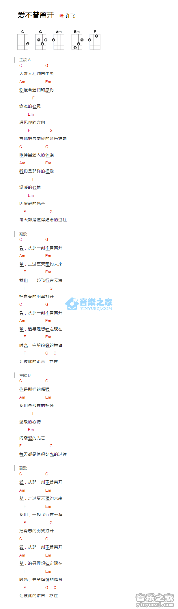 许飞《爱不曾离开》尤克里里弹唱谱