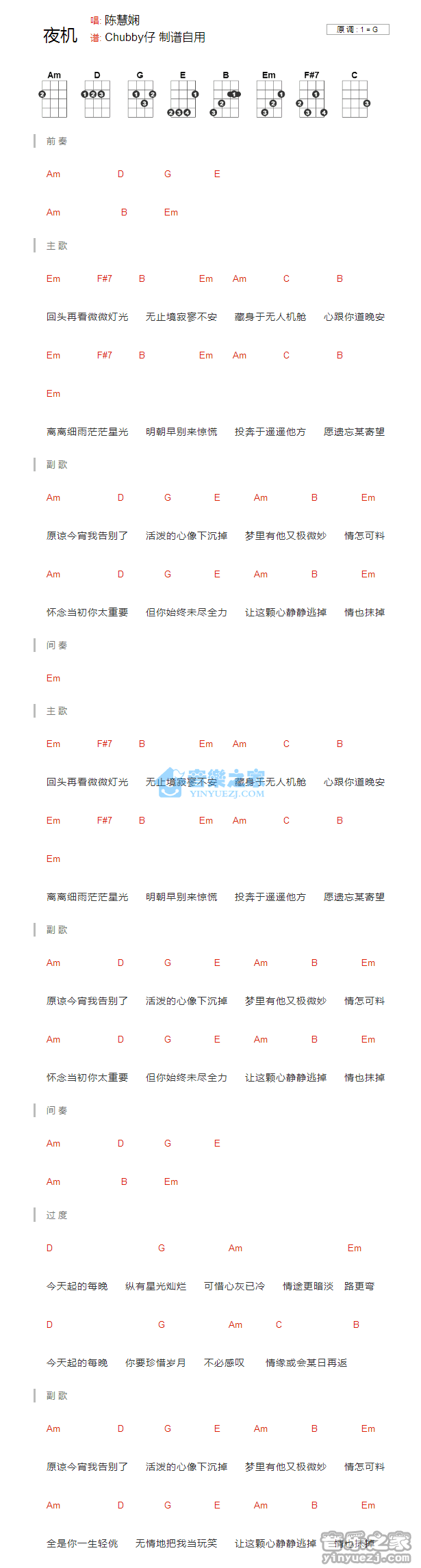 陈慧娴《夜机》尤克里里弹唱谱
