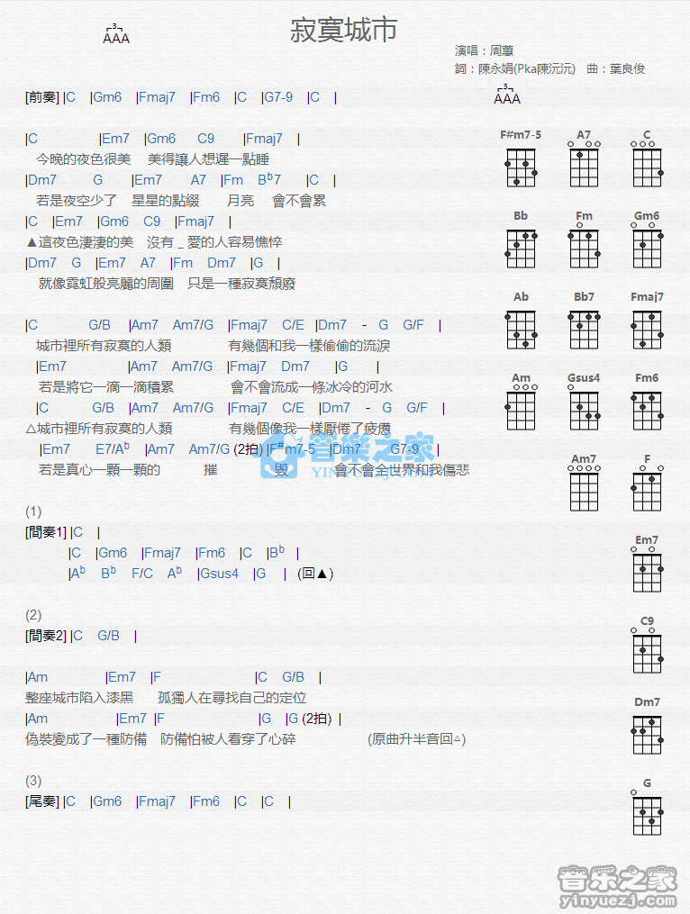 周蕙《寂寞城市》尤克里里弹唱谱