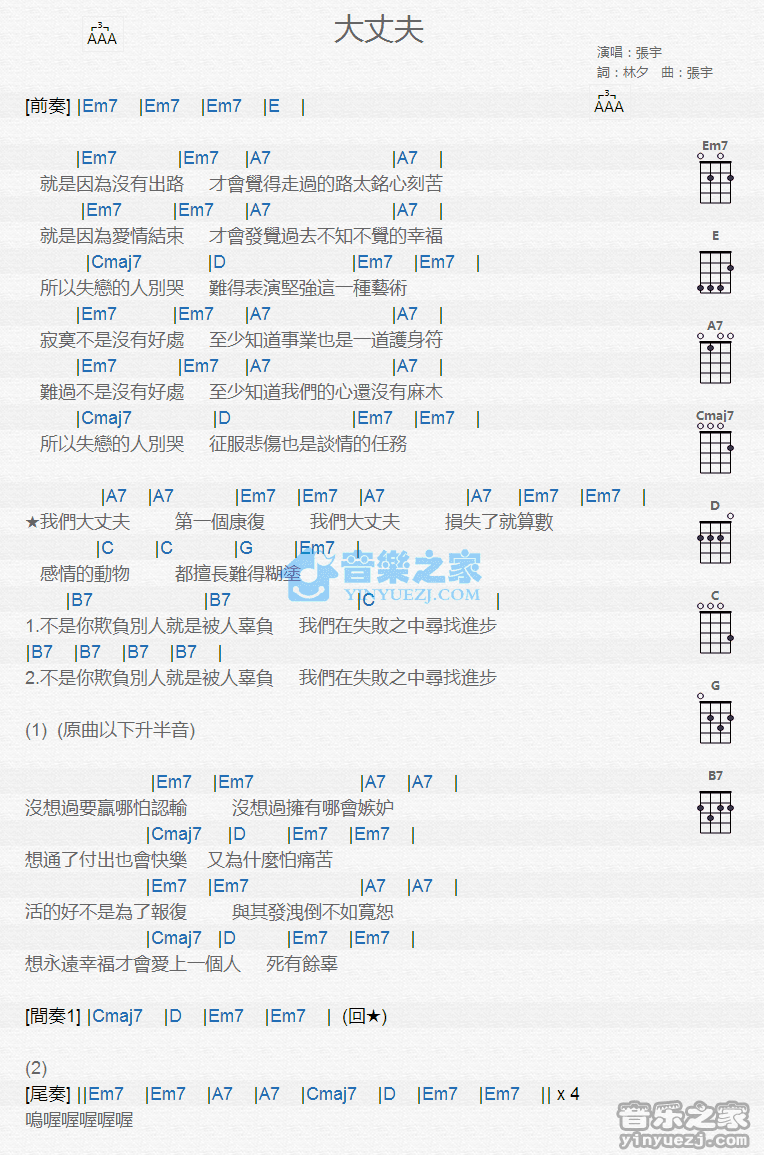 张宇《大丈夫》尤克里里弹唱谱