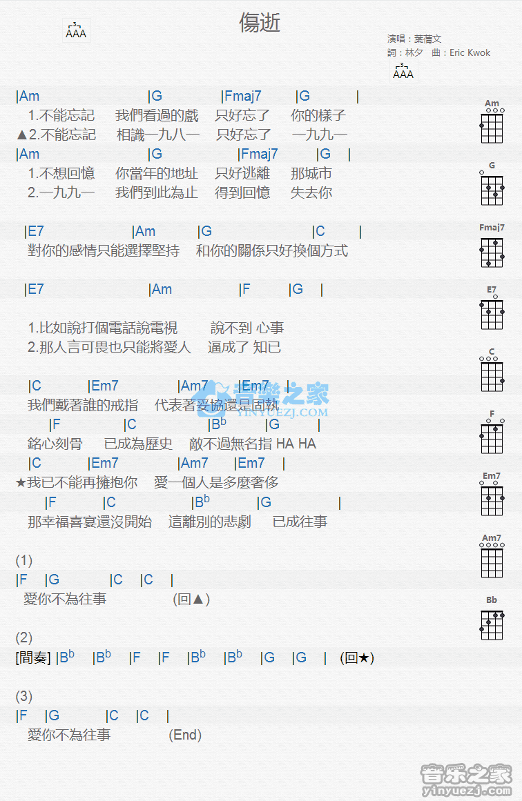 叶倩文《伤逝》尤克里里弹唱谱
