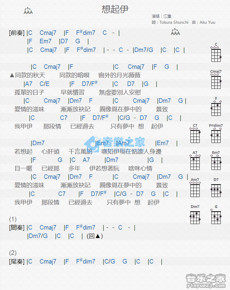 江蕙《想起伊》尤克里里弹唱谱