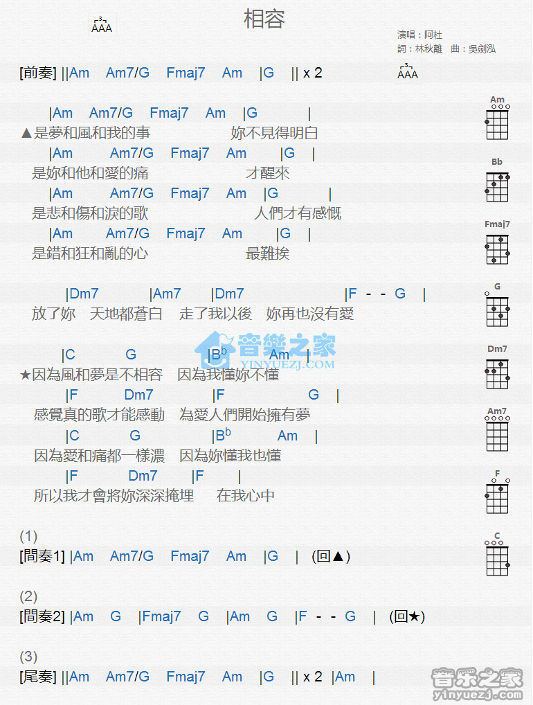 阿杜《相容》尤克里里弹唱谱