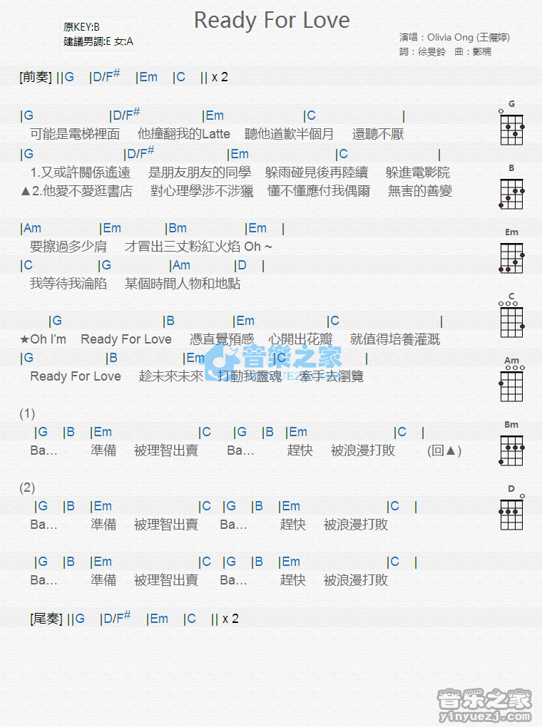 王俪婷《Ready For Love》尤克里里弹唱谱